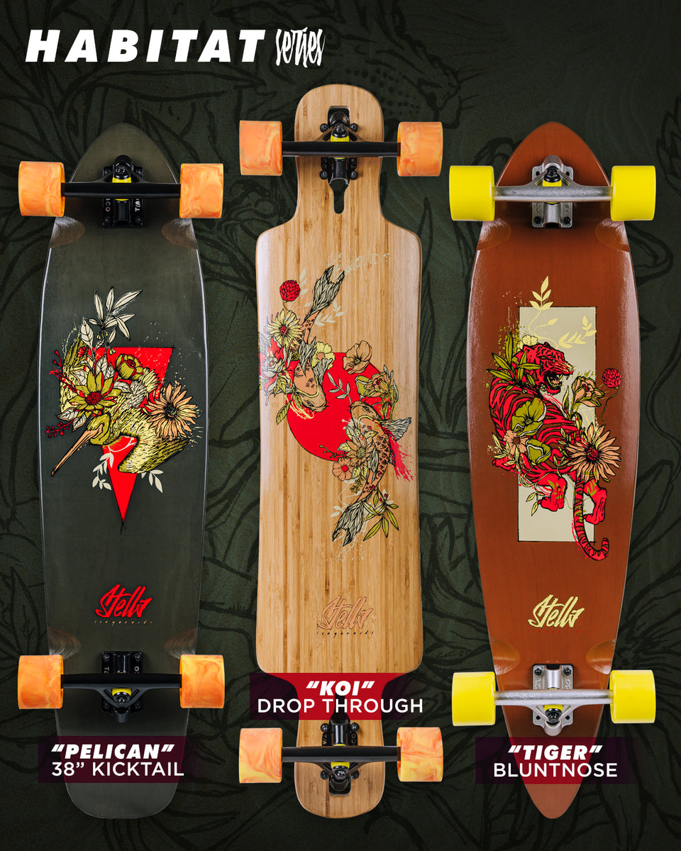 Stella 38” Bluntnose Pintail Tiger Longboard Complete – Stella